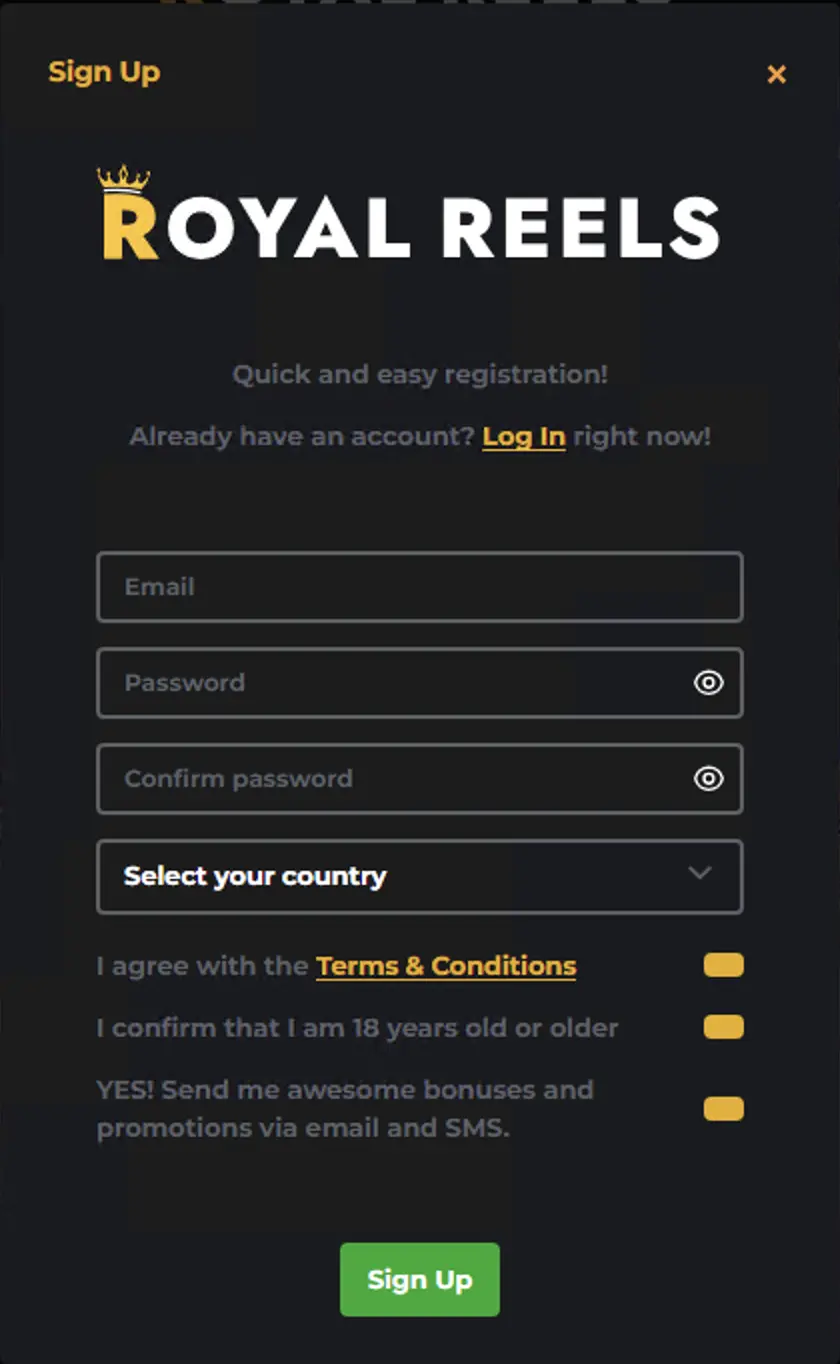 Click the Sign Up button to create a Royal Reels account.