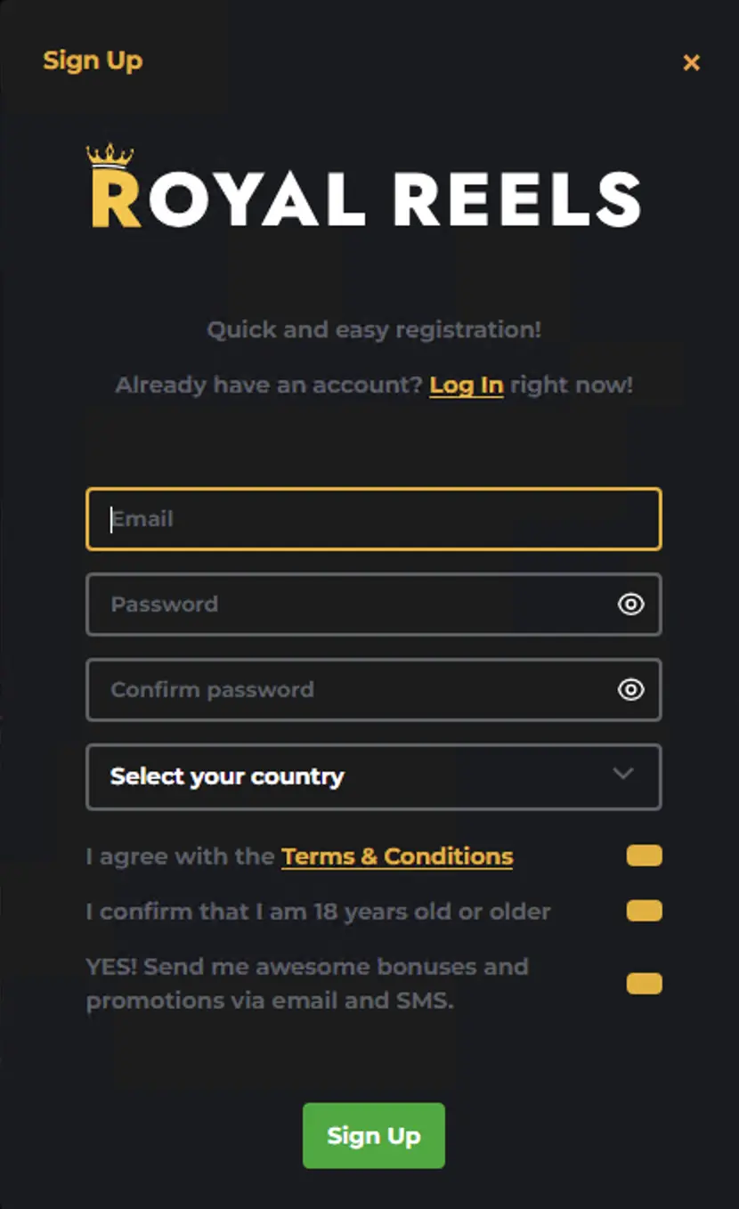 Enter the required information to continue with your Royal Reels registration.